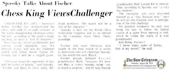 Spassky Talks About Fischer: Chess King Views Challenger
