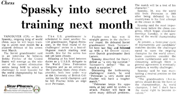 Chess - Spassky Into Secret Training Next Month
