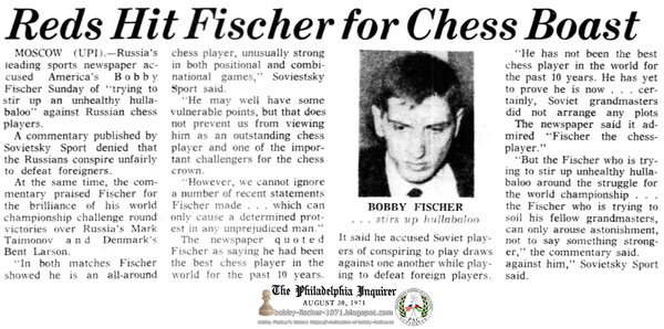 Reds Hit Fischer for Chess Boast