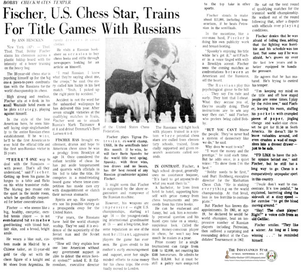 Fischer, U.S. Chess Star, Trains For Title Games With Russians