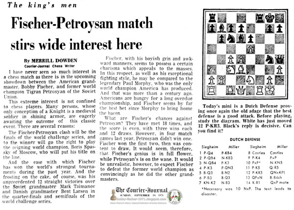 Fischer-Petrosyan Match Stirs Wide Interest Here