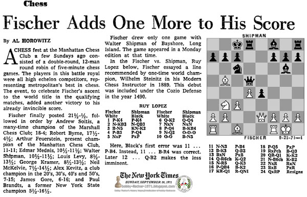 Chess: Fischer Adds One More to His Score