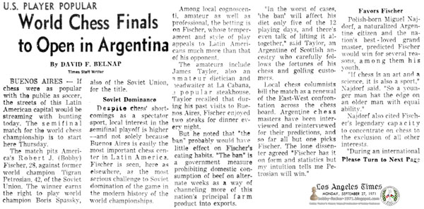 U.S. Player Popular: World Chess Finals to Open in Argentina