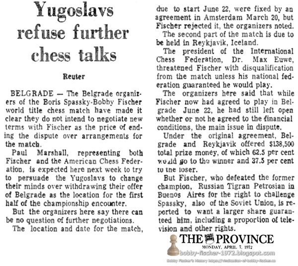 Yugoslavs Refuse Further Chess Talks
