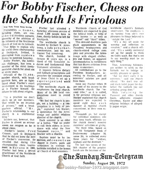 For Bobby Fischer, Chess on the Sabbath Is Frivolous