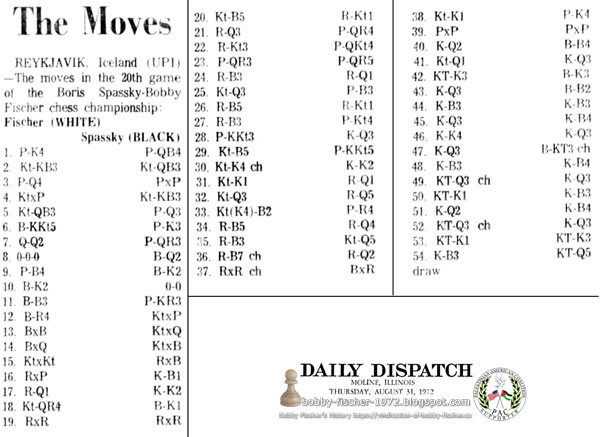 The moves in the 20th game of the Boris Spassky-Bobby Fischer chess championship.