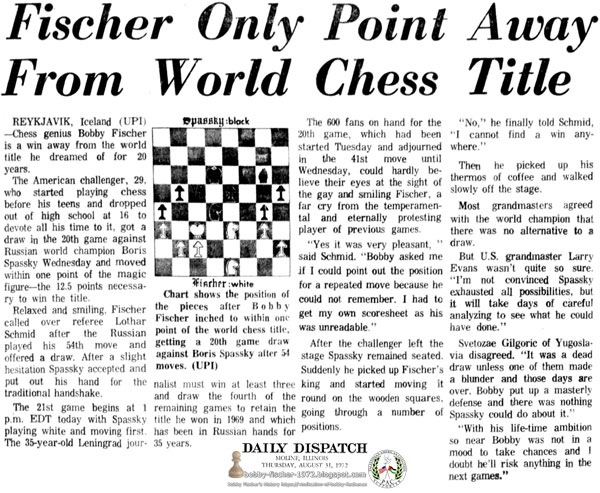 Fischer Only Point Away From World Chess Title