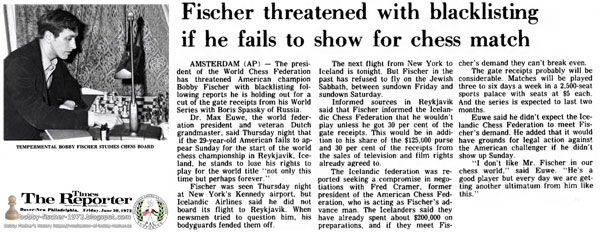 Fischer Threatened With Blacklisting If He Fails To Show For Chess Match