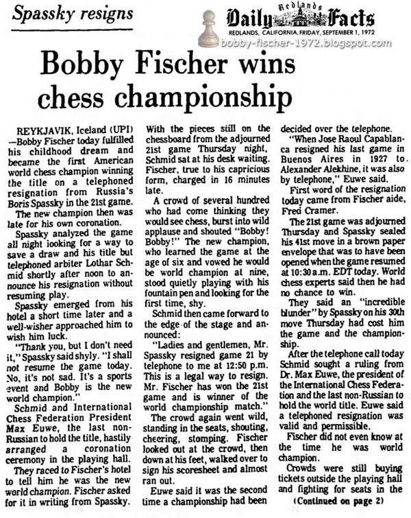 Spassky Resigns: Bobby Fischer Wins Chess Championship