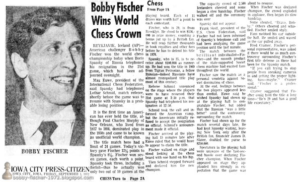 Bobby Fischer Wins World Chess Crown