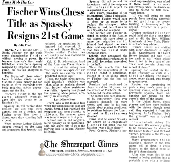 Fischer Wins Chess Title As Spassky Resigns 21st Game