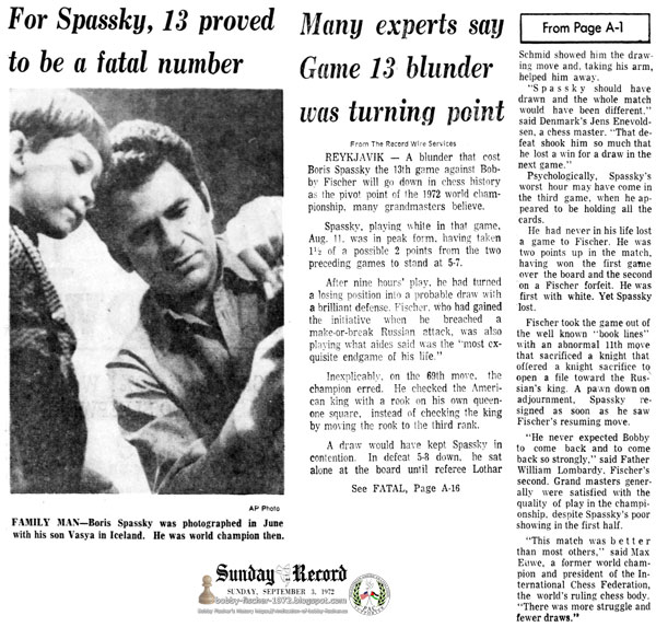 Many Experts Say Game 13 Blunder Was Turning Point. For Spassky, 13 Proved to be a Fatal Number.