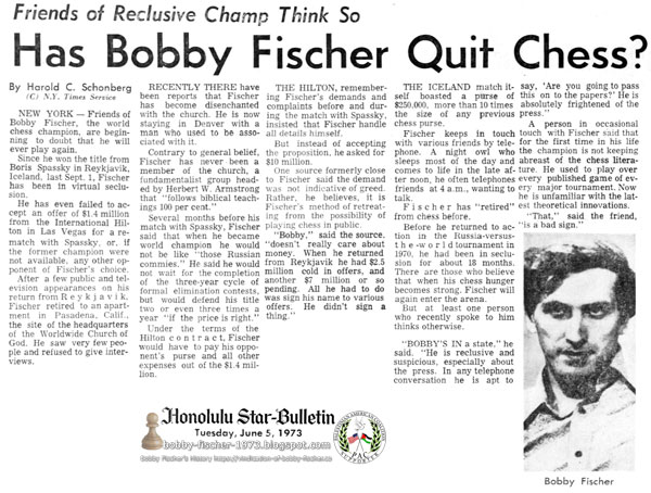 Has Bobby Fischer Quit Chess?
