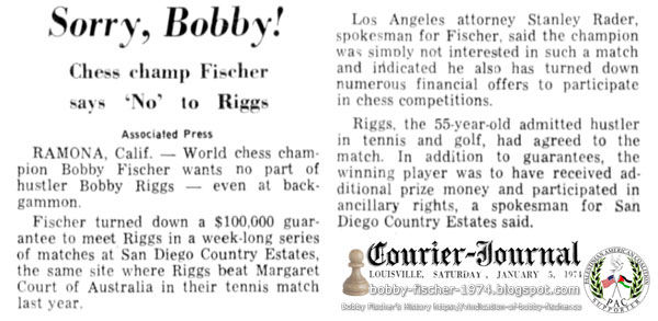 Sorry, Bobby! Chess Champ Fischer says 'No' to Riggs