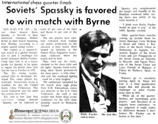 Soviets' Spassky is favored to win match with Byrne