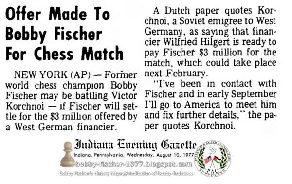 Offer Made To Bobby Fischer For Chess Match