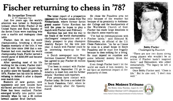 Fischer Returning To Chess in '78?
