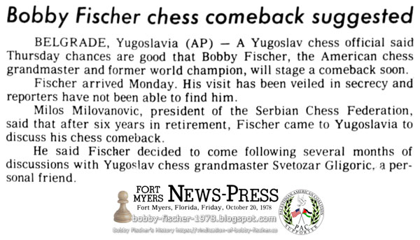 Bobby Fischer Chess Comeback Suggested