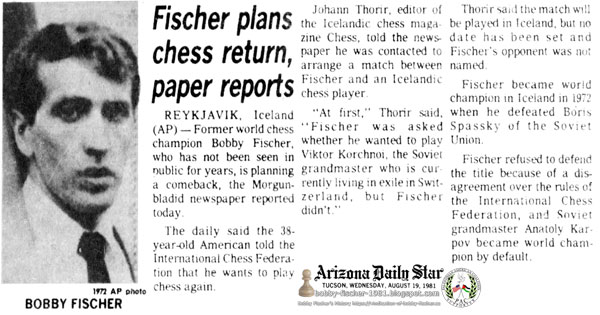 Fischer plans chess return paper reports