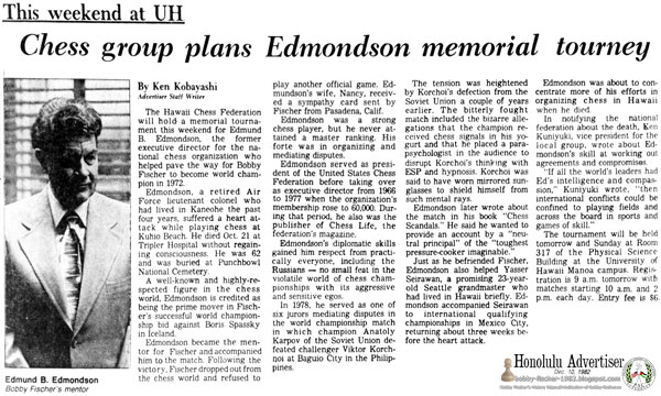 Chess Group Plans Edmund B. Edmondson Memorial Tourney By Ken Kobayashi