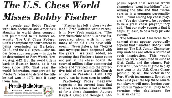 The U.S. Chess World Misses Bobby Fischer
