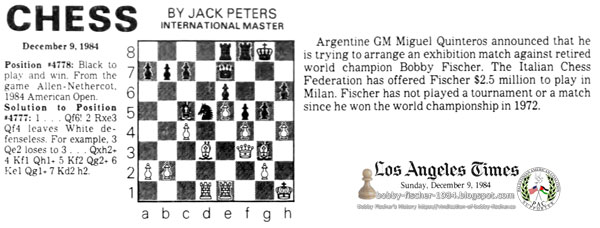 Argentine GM Miguel Quinteros Trying to Arrange Italian Chess Exhibition Match with Bobby Fischer