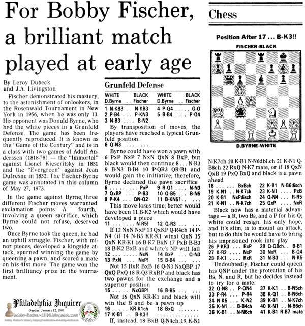 For Bobby Fischer, A Brilliant Match Played at Early Age