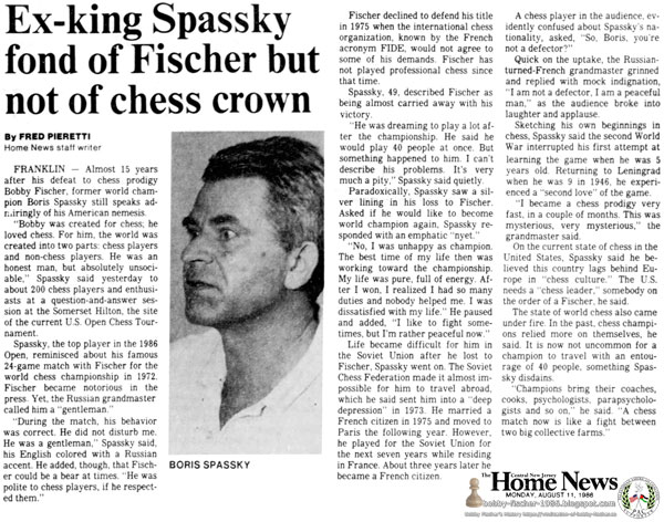 Ex-King Spassky Fond of Fischer But Not of Chess Crown