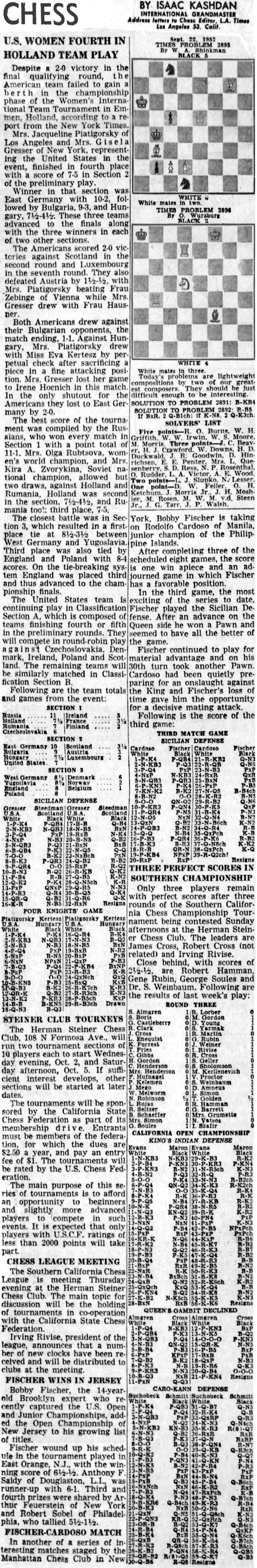 Bobby Fischer, Chess News Articles: 1957 Chess by Isaac Kashdan