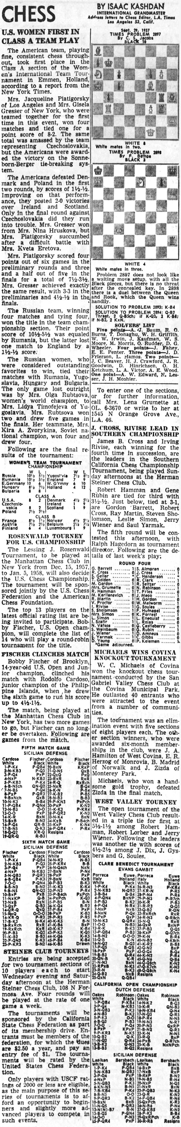 Bobby Fischer, Chess News Articles: 1957 Chess by Isaac Kashdan