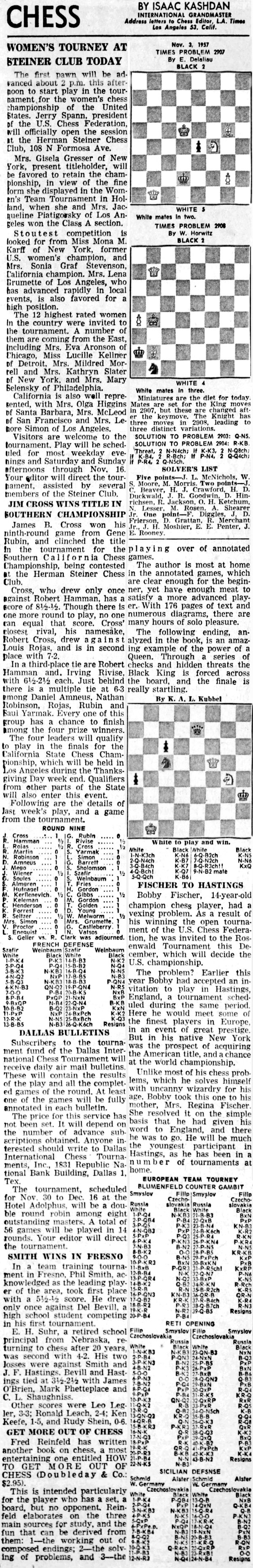 Bobby Fischer, Chess News Articles: 1957 Chess by Isaac Kashdan