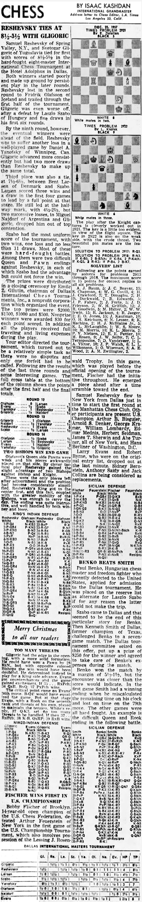 Bobby Fischer, Chess News Articles: 1957 Chess by Isaac Kashdan, December 22, 1957