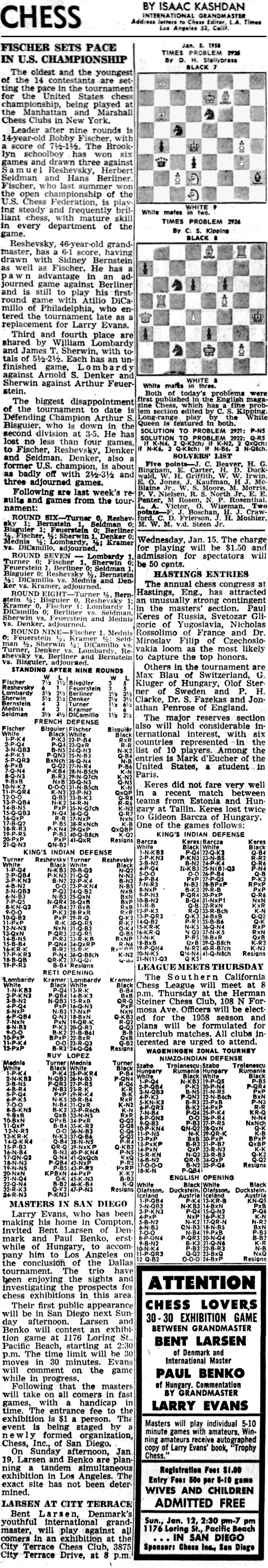 Bobby Fischer, Chess News Articles: 1958 Chess by Isaac Kashdan, January 05, 1958