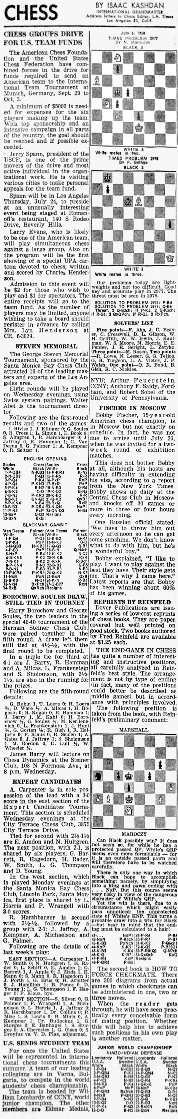 Bobby Fischer, Chess News Articles: 1958 Chess by Isaac Kashdan, July 06, 1958