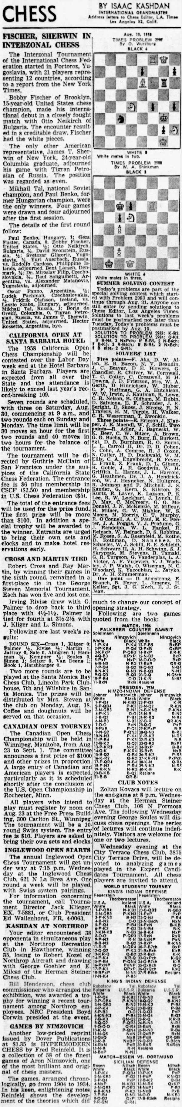 Bobby Fischer, Chess News Articles: 1958 Chess by Isaac Kashdan, August 10, 1958