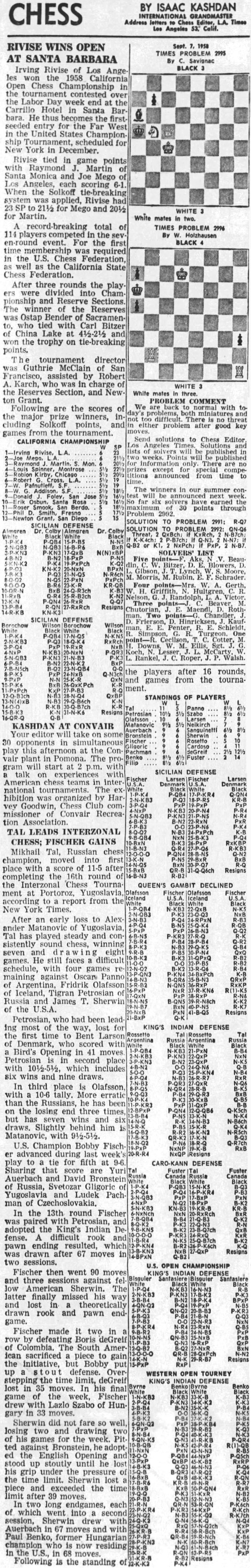 Bobby Fischer, Chess News Articles: 1958 Chess by Isaac Kashdan, September 07, 1958