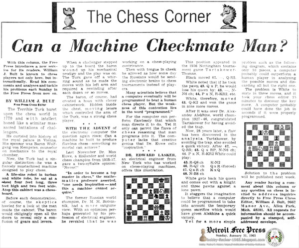January 31, 1965, The Chess Corner, Detroit Free Press by William J. Bult January 31, 1965, The Chess Corner, Detroit Free Press by William J. Bult
