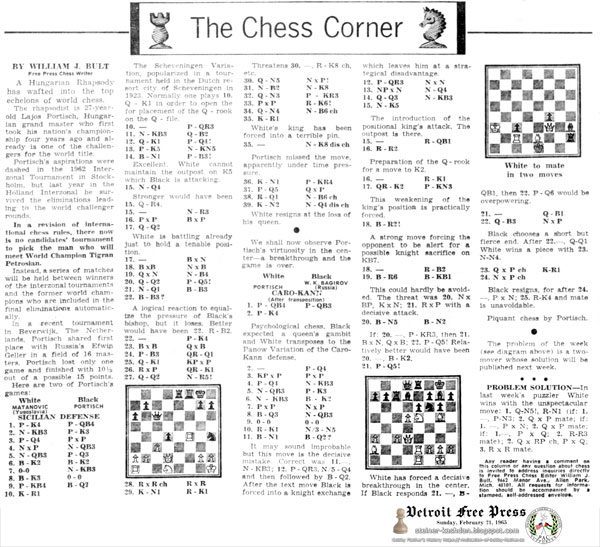 February 21, 1965, The Chess Corner, Detroit Free Press by William J. Bult February 21, 1965, The Chess Corner, Detroit Free Press by William J. Bult