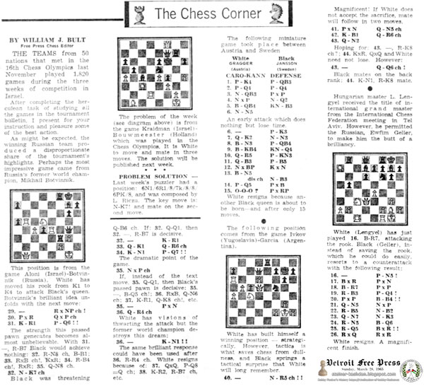 March 28, 1965, The Chess Corner, Detroit Free Press by William J. Bult March 28, 1965, The Chess Corner, Detroit Free Press by William J. Bult