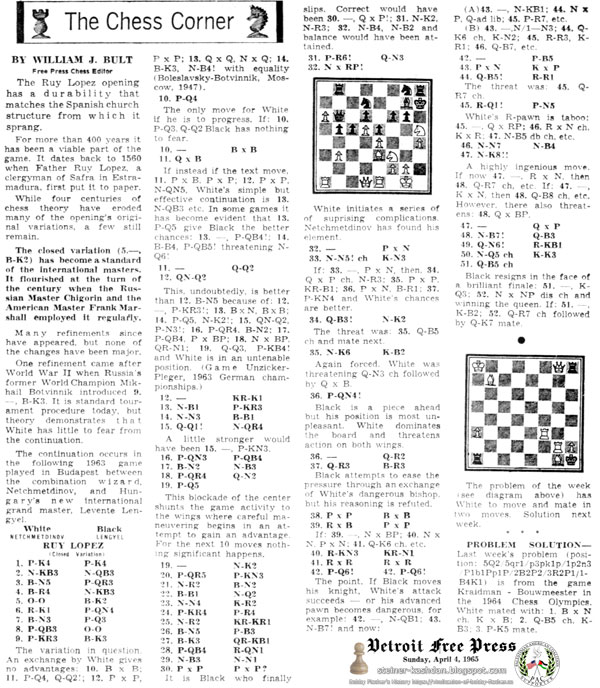 April 04, 1965, The Chess Corner, Detroit Free Press by William J. Bult