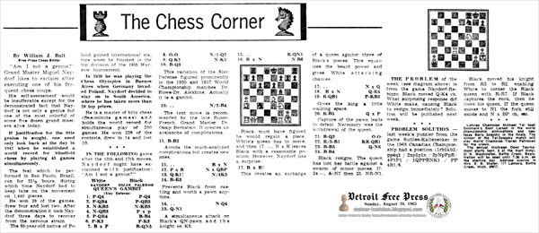 August 29, 1965, The Chess Corner, Detroit Free Press by William J. Bult