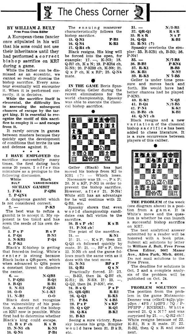 The Chess Corner, Detroit Free Press by William J. Bult