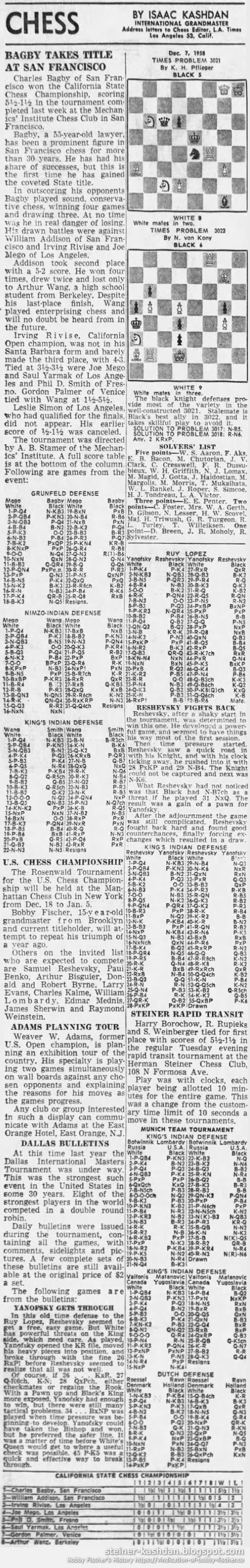 Bobby Fischer, Chess News Articles: 1958 L.A. Times Chess by Isaac Kashdan, December 07, 1958