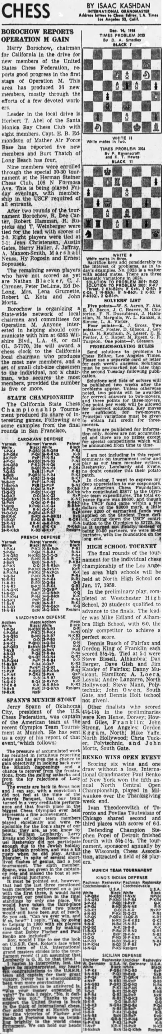 Bobby Fischer, Chess News Articles: 1958 L.A. Times Chess by Isaac Kashdan, December 14, 1958