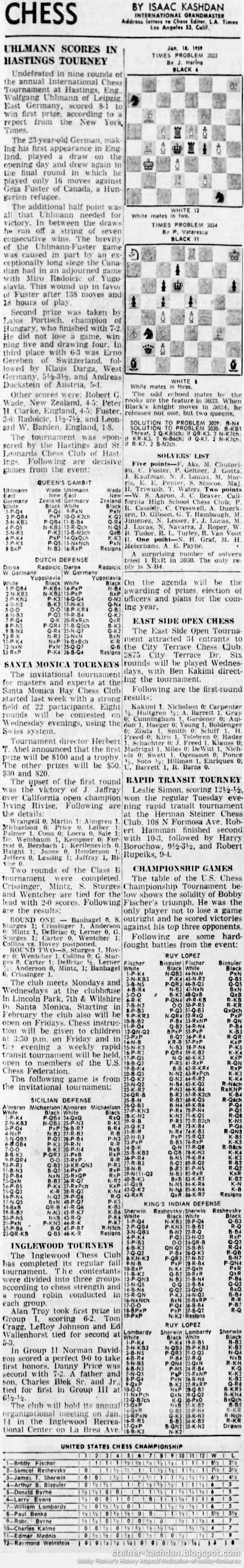 L.A. Times Chess by Isaac Kashdan January 18, 1959