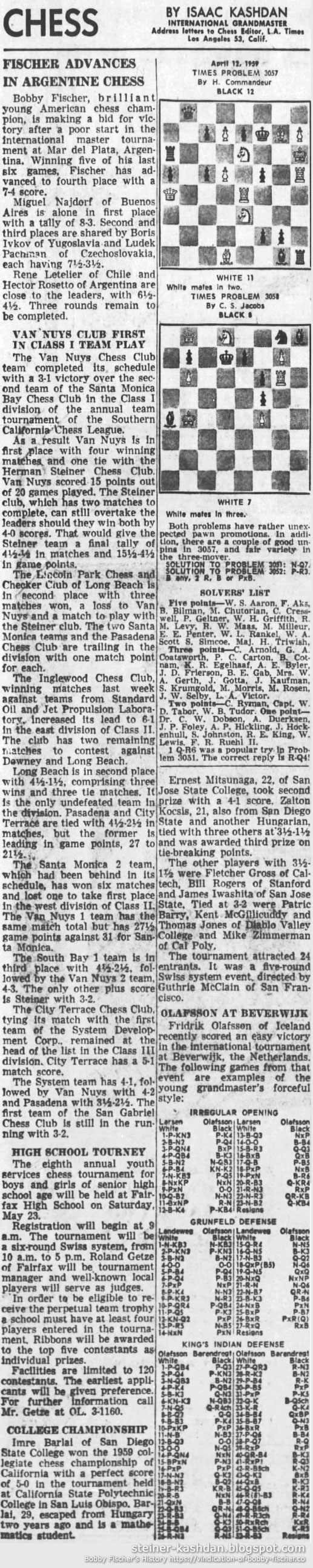 April 12, 1959 L.A. Times, Chess by Isaac Kashdan April 12, 1959 L.A. Times, Chess by Isaac Kashdan