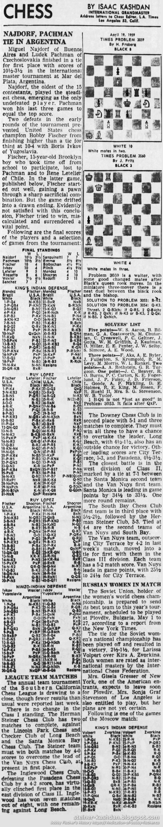 Bobby Fischer, Chess News Articles: 1959 April 19, 1959 L.A. Times Chess by Isaac Kashdan