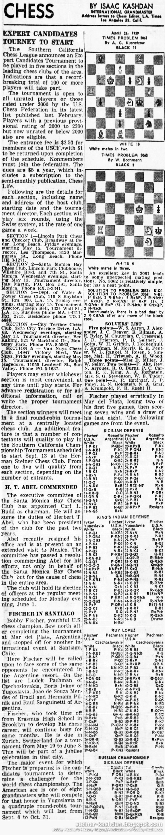 Bobby Fischer, Chess News Articles: 1959 April 26, 1959 L.A. Times Chess by Isaac Kashdan