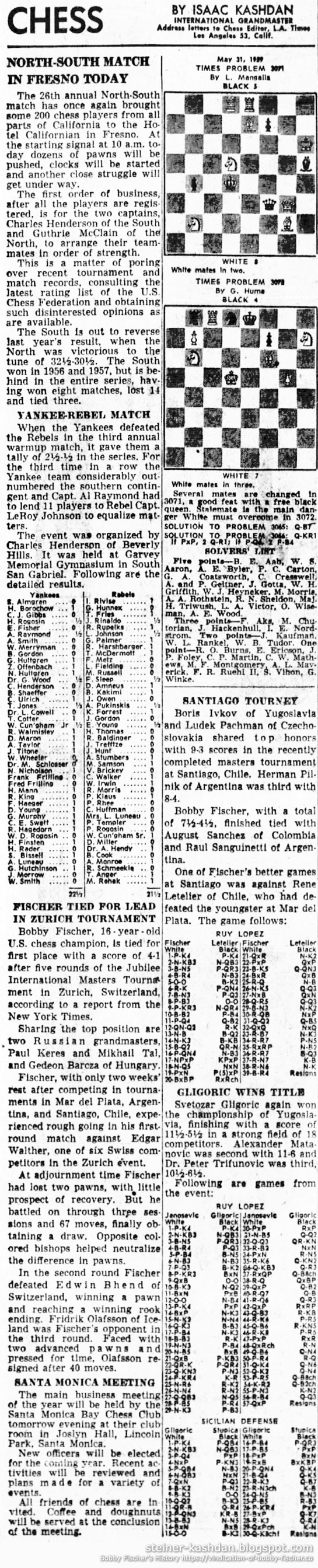 Bobby Fischer, Chess News Articles: 1959 May 31, 1959 Los Angeles Times, Chess by Isaac Kashdan