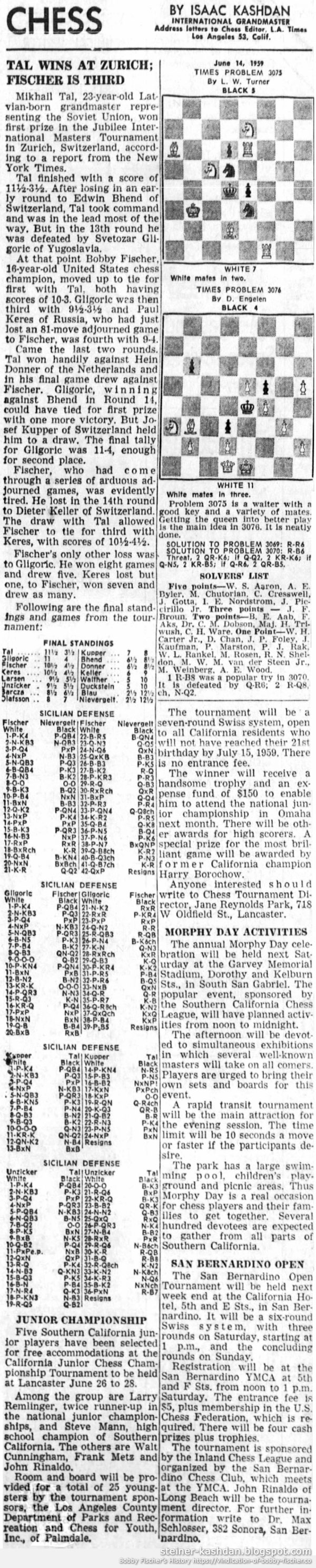 June 14, 1959 L.A. Times Chess by Isaac Kashdan June 14, 1959 L.A. Times Chess by Isaac Kashdan